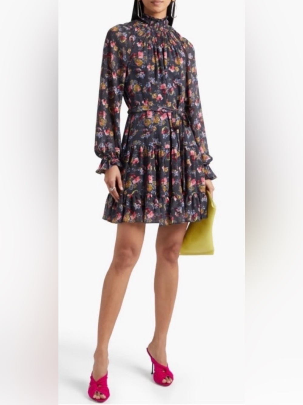 Cinq e Sept Daija Ruffled Belted Tiered Floral Chiffon Mini Dress Size 6